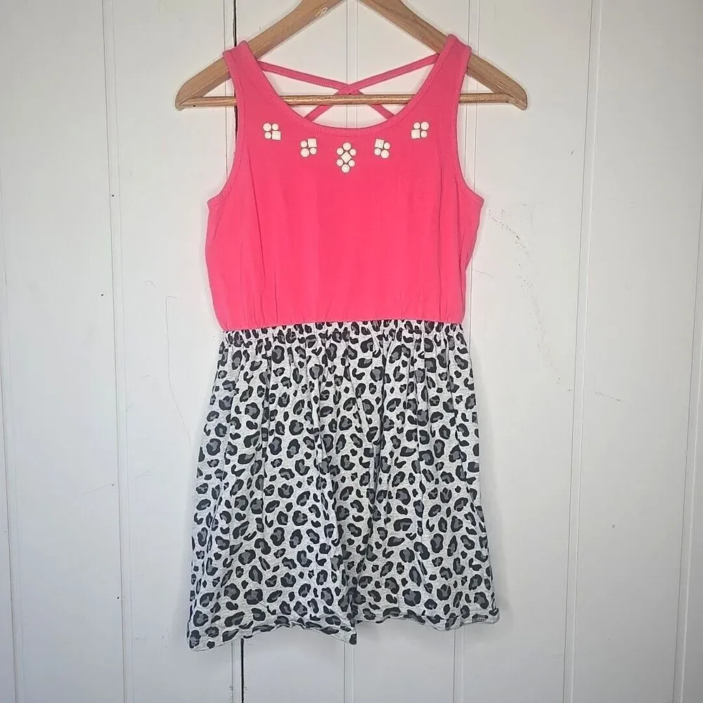 Gymboree Pink Leopard Print Embellished Tank Dress Girls Size 12 Casual Summer